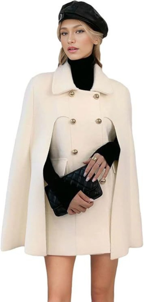 Womens Elegant Poncho Double-Breast Slit Sleeve Flowy Wool Blend Cape Cloak Coat
