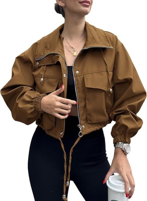 Womens Cropped Jacket Zip Up Lightweight Oversized Utility Anorak Casual,Trench Coat with Pocket,Military,Drawstring,S