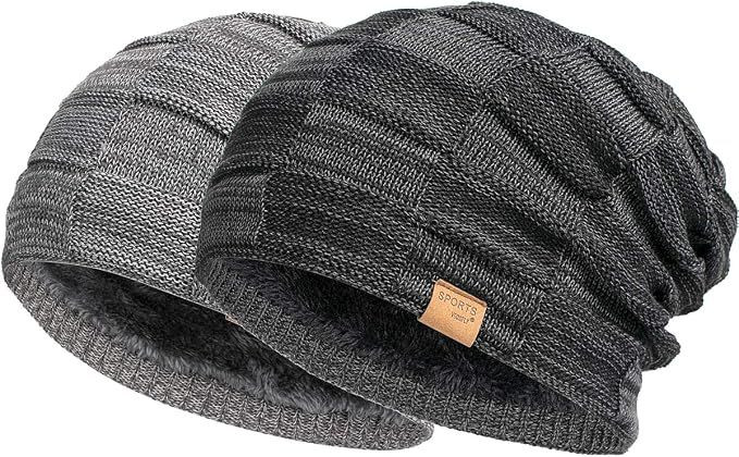Winter Hats for Guys Cool Beanies Mens Lined Knit Warm Thick Skully Stocking Binie Hat Pairs