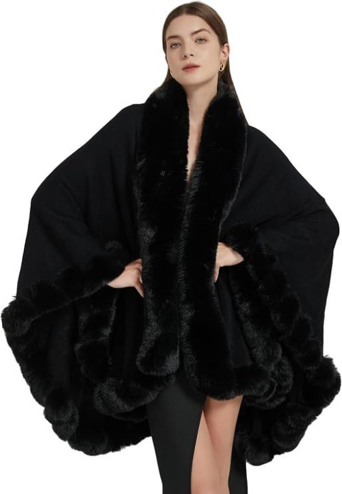 Faux Fox Fur Trim Cardigan Cloak Shawl Wraps Winter Poncho Oversized Cape