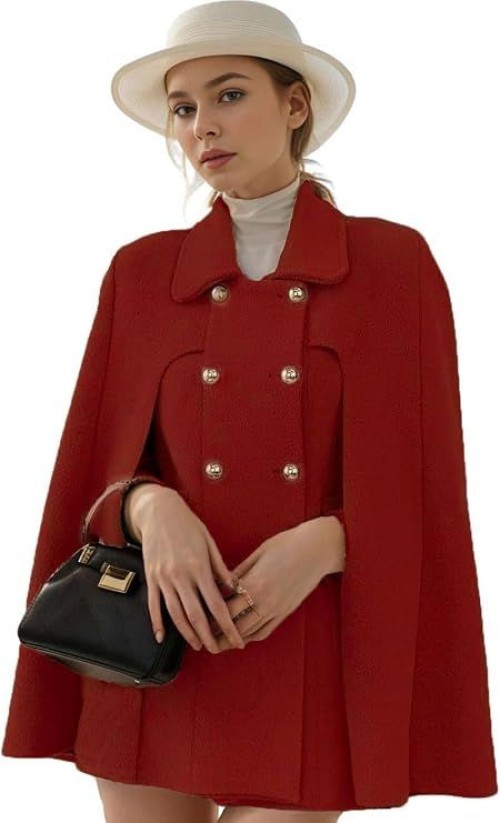 Womens Elegant Poncho Double-Breast Slit Sleeve Flowy Wool Blend Cape Cloak Coat