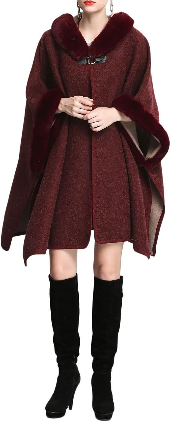 Womens Luxury Batwing Sleeve Faux Fur Hooded Cloak Poncho Sweater Cape