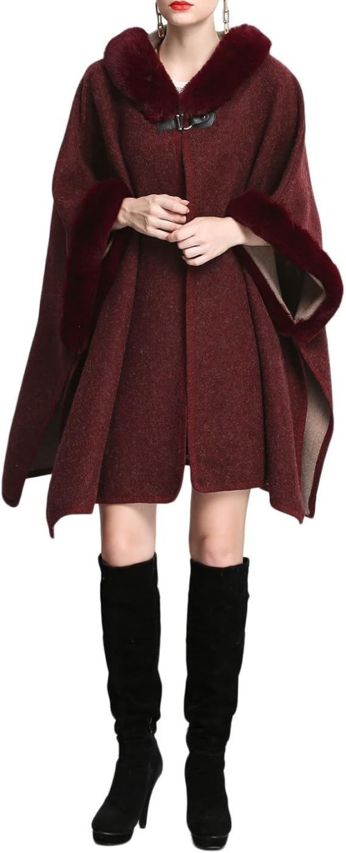 Womens Luxury Batwing Sleeve Faux Fur Hooded Cloak Poncho Sweater Cape