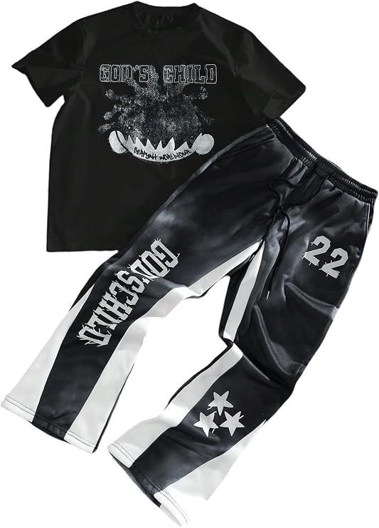 Mens Y2K Outfits 2 Piece Graphic Tee and Pants Rave Sweatsuits Set