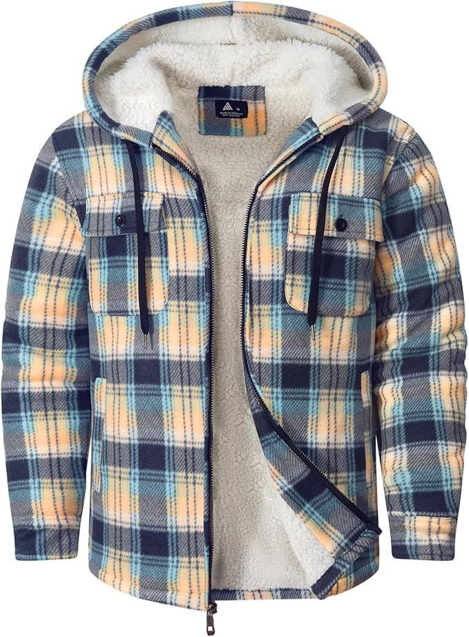 Warm Mens Zip Up Flannel Shirt Jacket with Sherpa Lined Hoodie