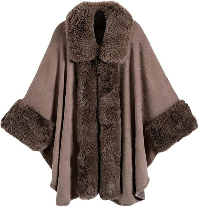 Faux Fur Shawl Wraps for Women Winter Cape Sweater Cloak Oversized Cardigan Poncho Coat