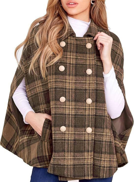 Womens Plaid Jacket Double Breasted Winter Cape Coats Turn Down Poncho with Pockets