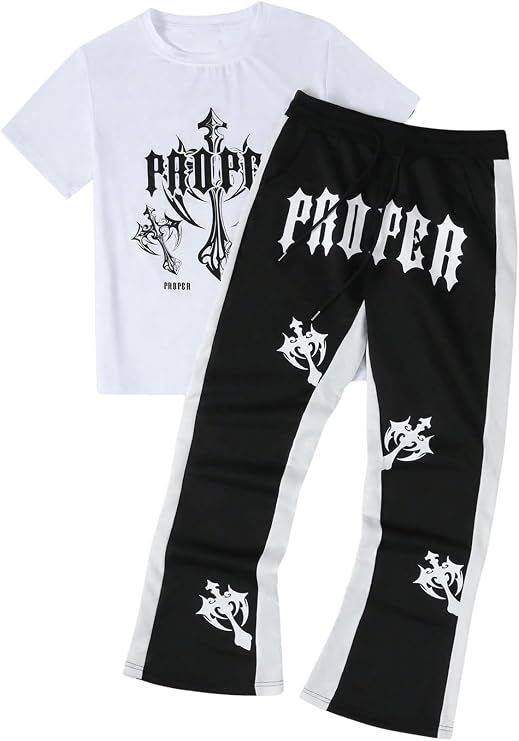 Mens Y2K Outfits 2 Piece Graphic Tee and Pants Rave Sweatsuits Set