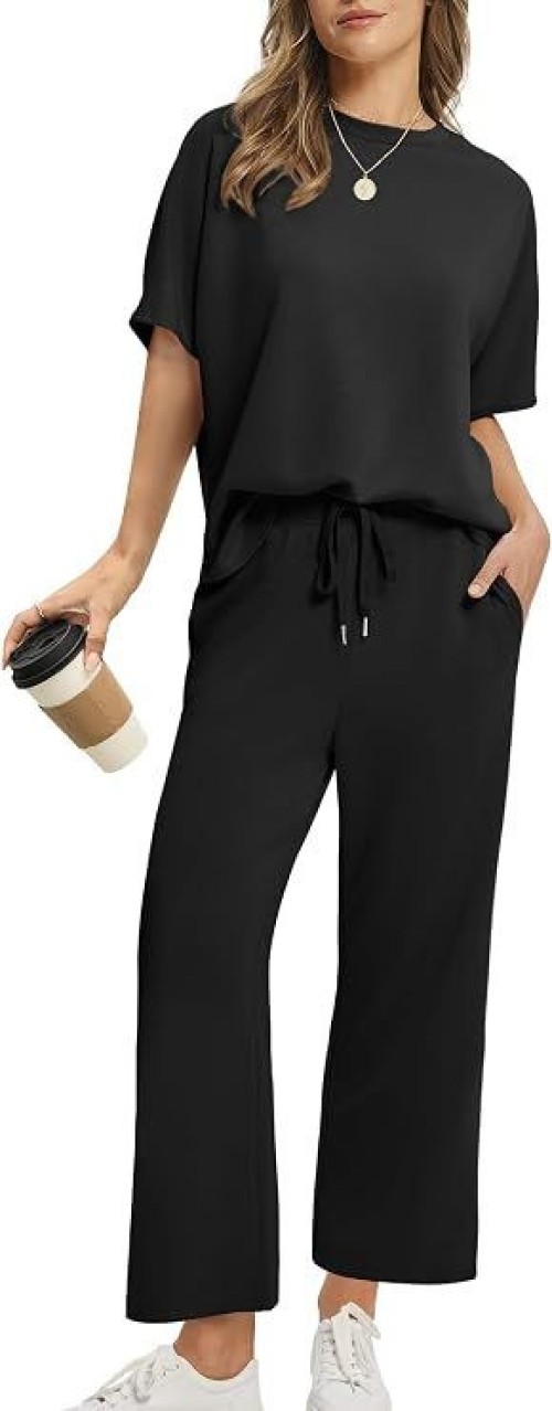 Two Piece Sets for Women Summer Outfits Oversized Wide Leg Crop Pants Lounge Sets Airport Beach Vacation Clothes
