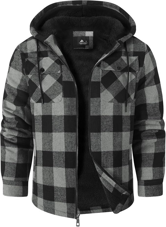 Mens Flannel Jacket Sherpa Lined Plaid Fleece Hoodies Zip Up Coat