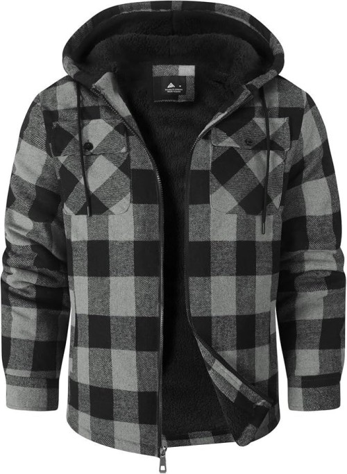 Mens Flannel Jacket Sherpa Lined Plaid Fleece Hoodies Zip Up Coat