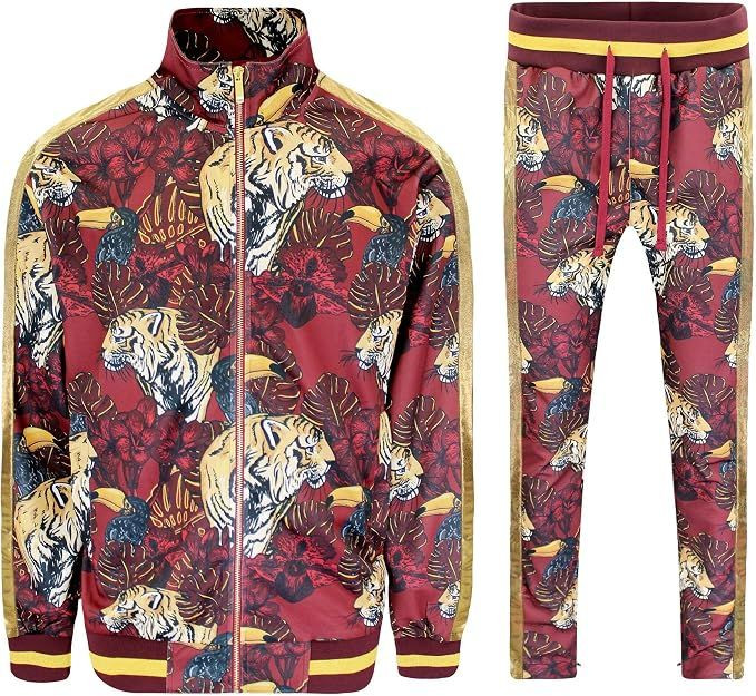 Mens 2-Piece Tracksuit Set Cotton Blend Zip-Up Jogging Sweatsuit With Trim