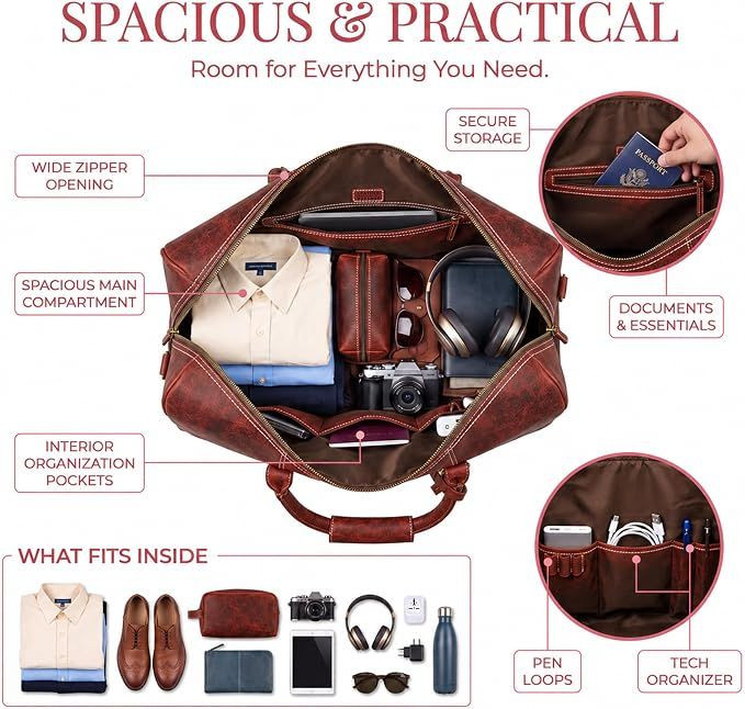 Leather Duffle Bag for Men Women 20 Inch 25L Red