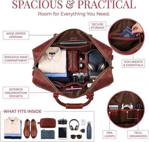 Leather Duffle Bag for Men Women 20 Inch 25L Red