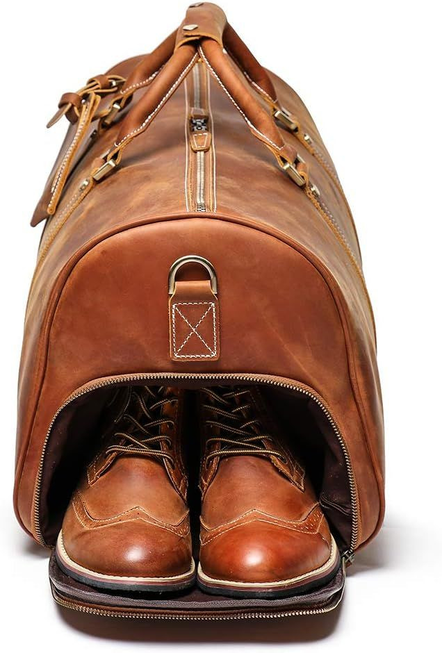 Leather Travel Duffel Bag, Mens Classic Gift Leather Weekend Bag Overnight Full Grain Retro Sport Gym Carry on Luggage