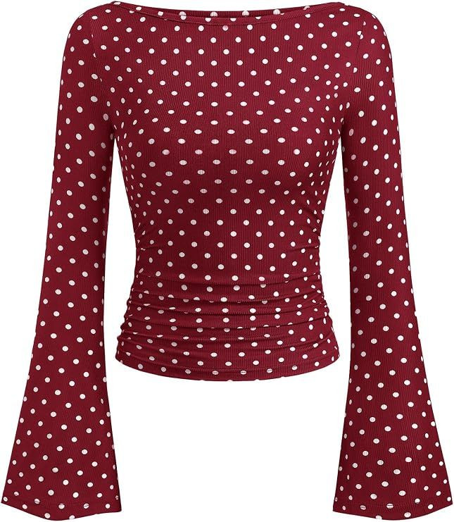 Womens Bell Sleeve Ribbed Knit Top Long Sleeve Casual Shirt