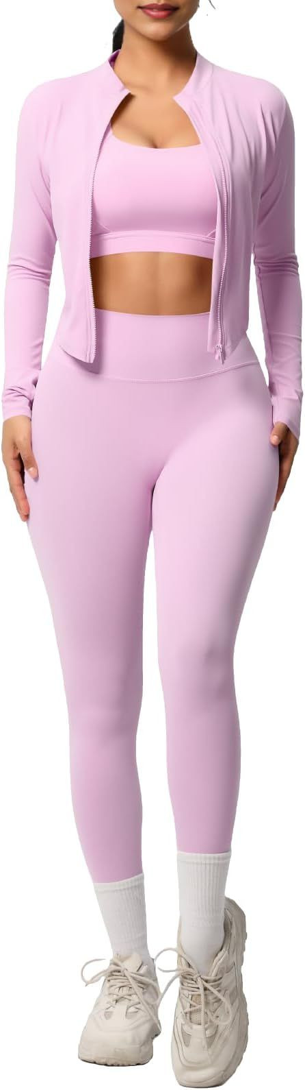 3 Piece Women’s Workout Set – Zip-Up Jacket, Sports Bra & High-Waist Leggings – Stretchy Breathable Yoga Outfit