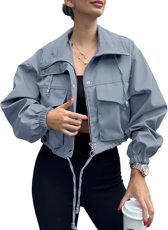 Womens Cropped Jacket Zip Up Lightweight Oversized Utility Anorak Casual,Trench Coat with Pocket,Military,Drawstring,S