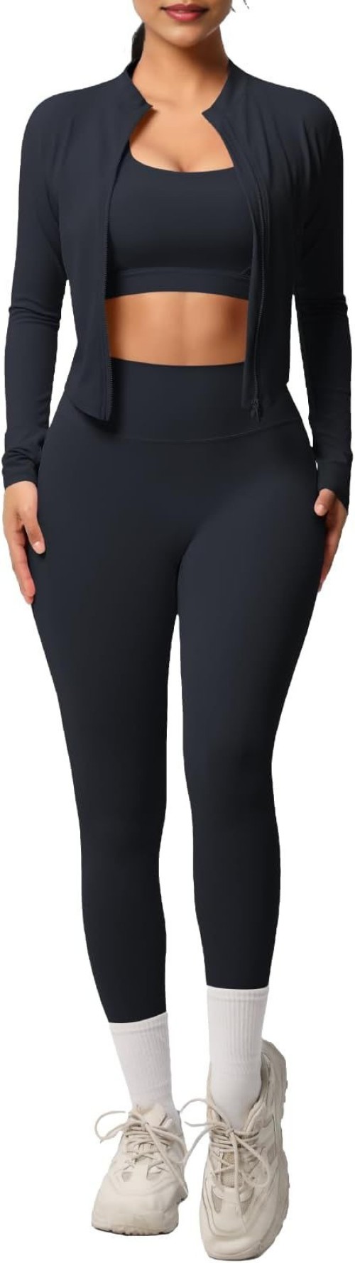 3 Piece Women’s Workout Set – Zip-Up Jacket, Sports Bra & High-Waist Leggings – Stretchy Breathable Yoga Outfit