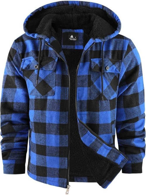 Mens Flannel Jacket Sherpa Lined Plaid Fleece Hoodies Zip Up Coat