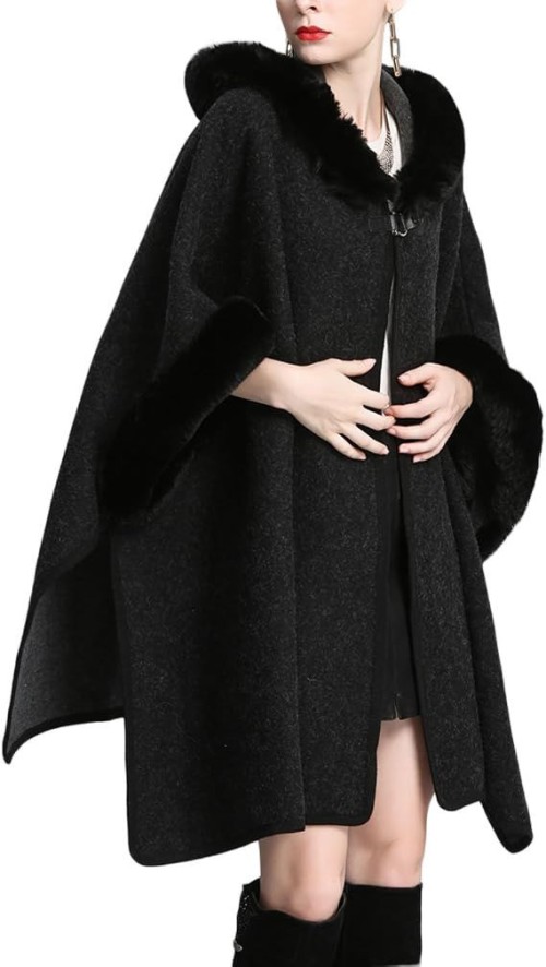 Womens Luxury Batwing Sleeve Faux Fur Hooded Cloak Poncho Sweater Cape