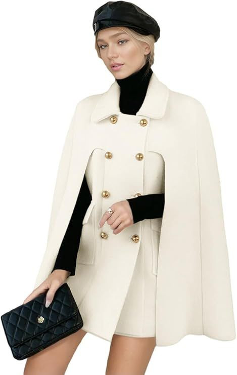 Womens Elegant Poncho Double-Breast Slit Sleeve Flowy Wool Blend Cape Cloak Coat