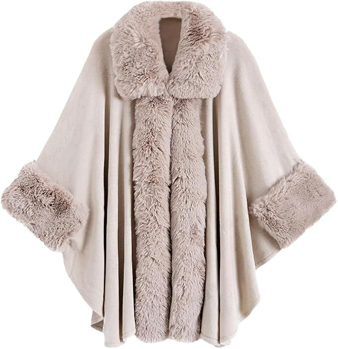 Faux Fur Shawl Wraps for Women Winter Cape Sweater Cloak Oversized Cardigan Poncho Coat
