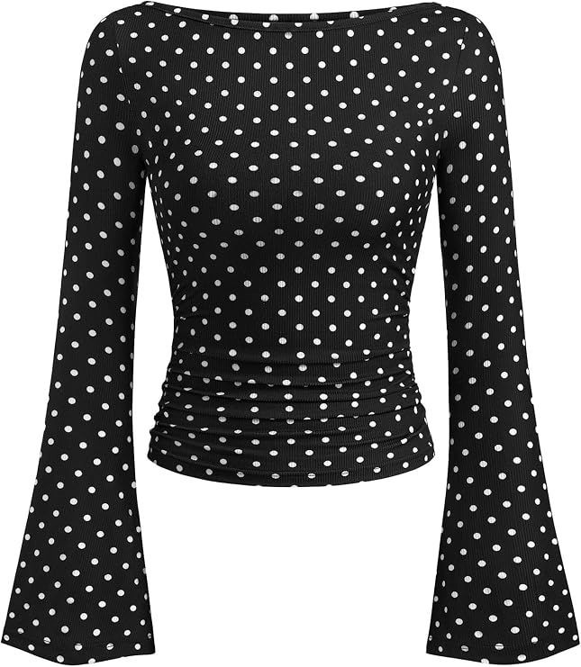Womens Bell Sleeve Ribbed Knit Top Long Sleeve Casual Shirt