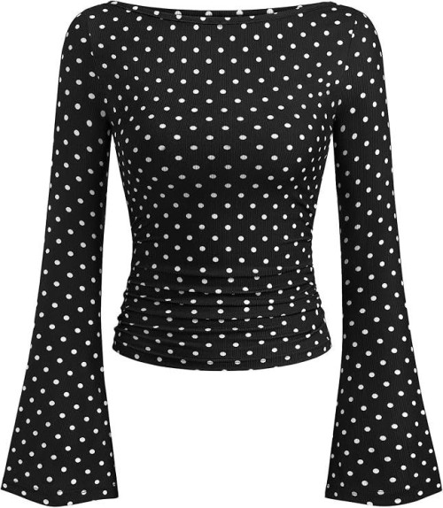 Womens Bell Sleeve Ribbed Knit Top Long Sleeve Casual Shirt