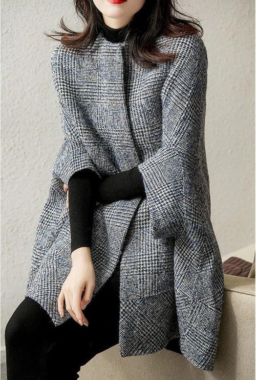 Womens Plaid Cape Coat Batwing Sleeve Tweed Winter Poncho Jacket