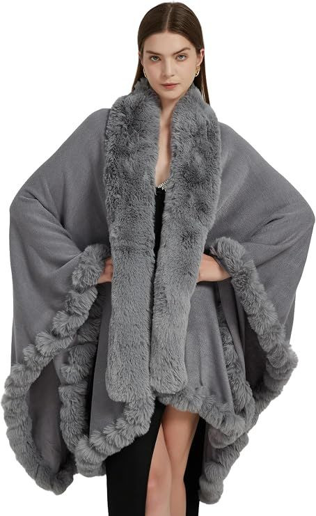 Faux Fox Fur Trim Cardigan Cloak Shawl Wraps Winter Poncho Oversized Cape