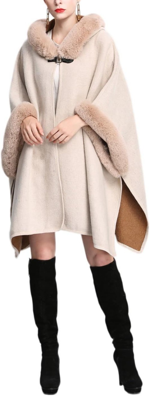 Womens Luxury Batwing Sleeve Faux Fur Hooded Cloak Poncho Sweater Cape