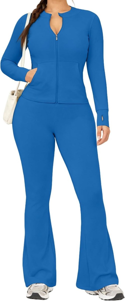 Womens 2 Piece Set Long Sleeve Jacket & Ankle Length Workout Flare Leggings Casual Matching Outfit Tracksuit Sweatsuit