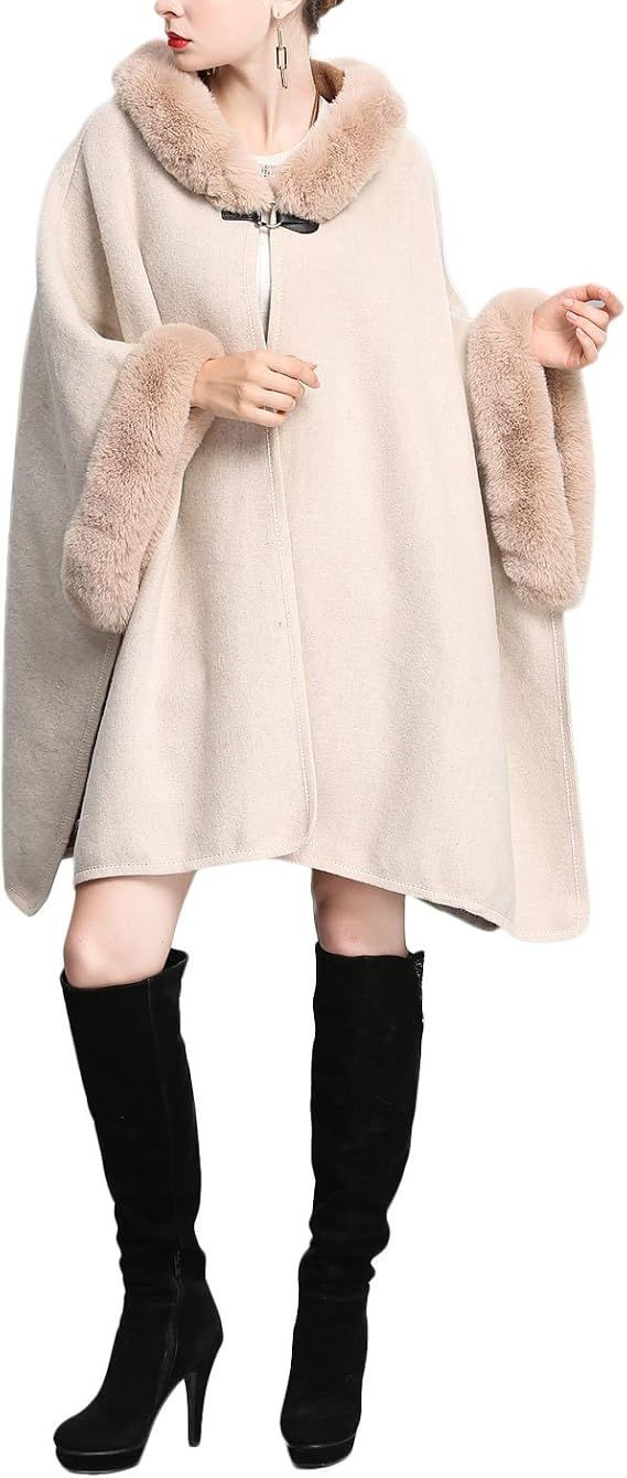 Womens Luxury Batwing Sleeve Faux Fur Hooded Cloak Poncho Sweater Cape