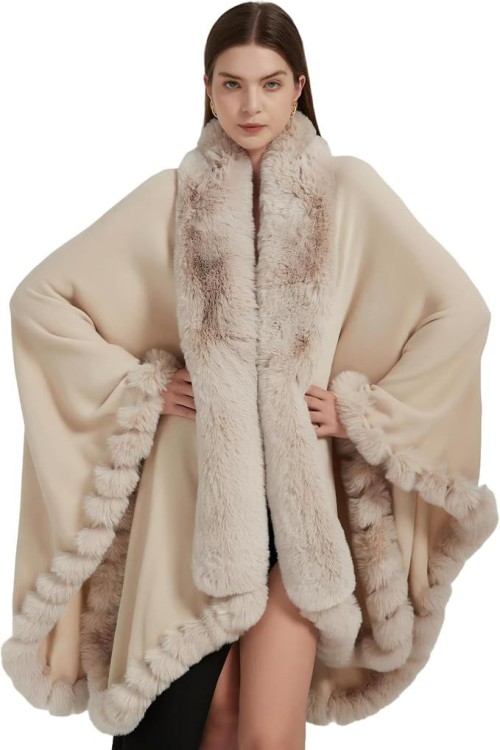 Faux Fox Fur Trim Cardigan Cloak Shawl Wraps Winter Poncho Oversized Cape