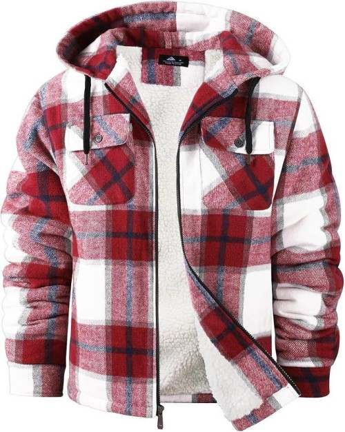 Warm Mens Zip Up Flannel Shirt Jacket with Sherpa Lined Hoodie