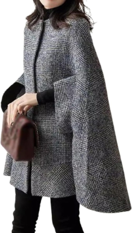 Womens Plaid Cape Coat Batwing Sleeve Tweed Winter Poncho Jacket