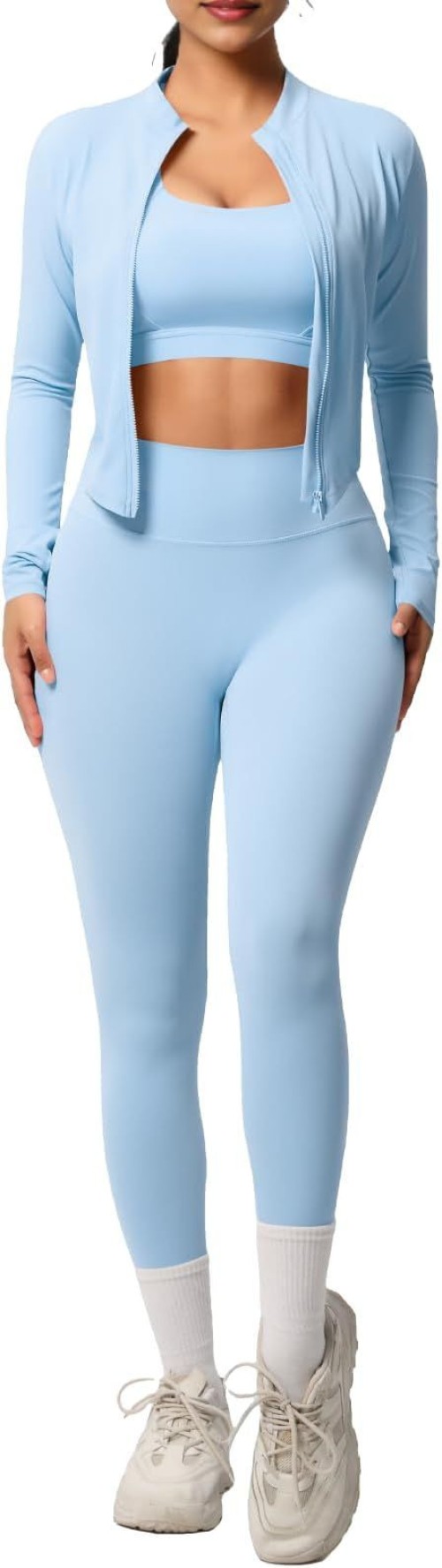 3 Piece Women’s Workout Set – Zip-Up Jacket, Sports Bra & High-Waist Leggings – Stretchy Breathable Yoga Outfit