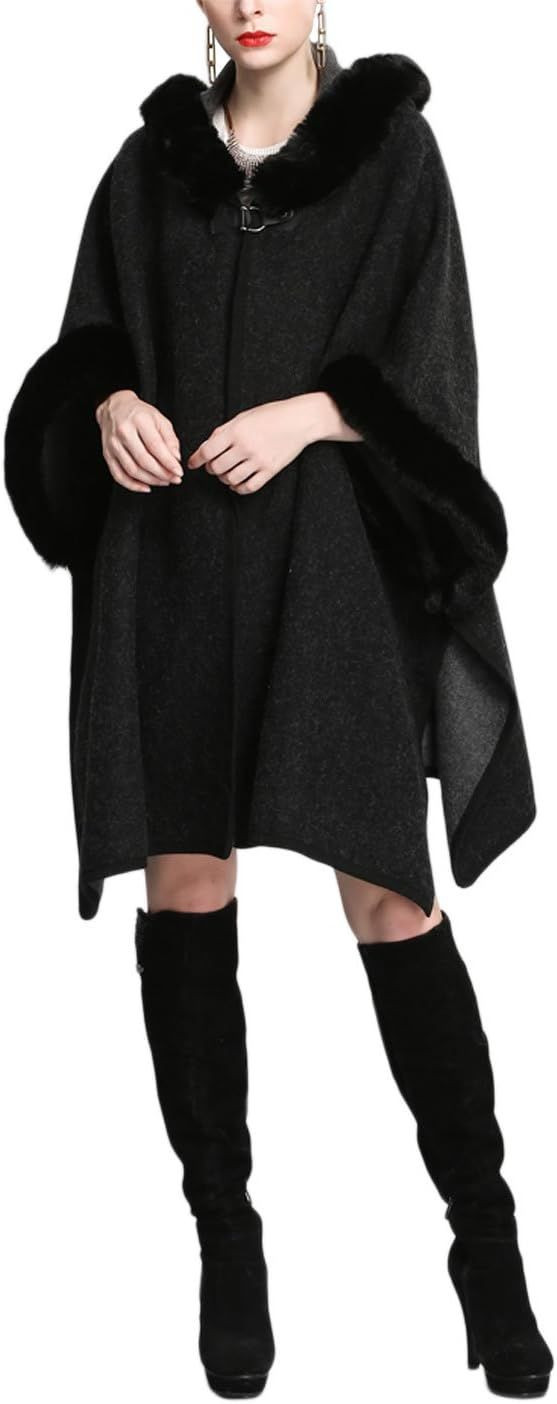 Womens Luxury Batwing Sleeve Faux Fur Hooded Cloak Poncho Sweater Cape