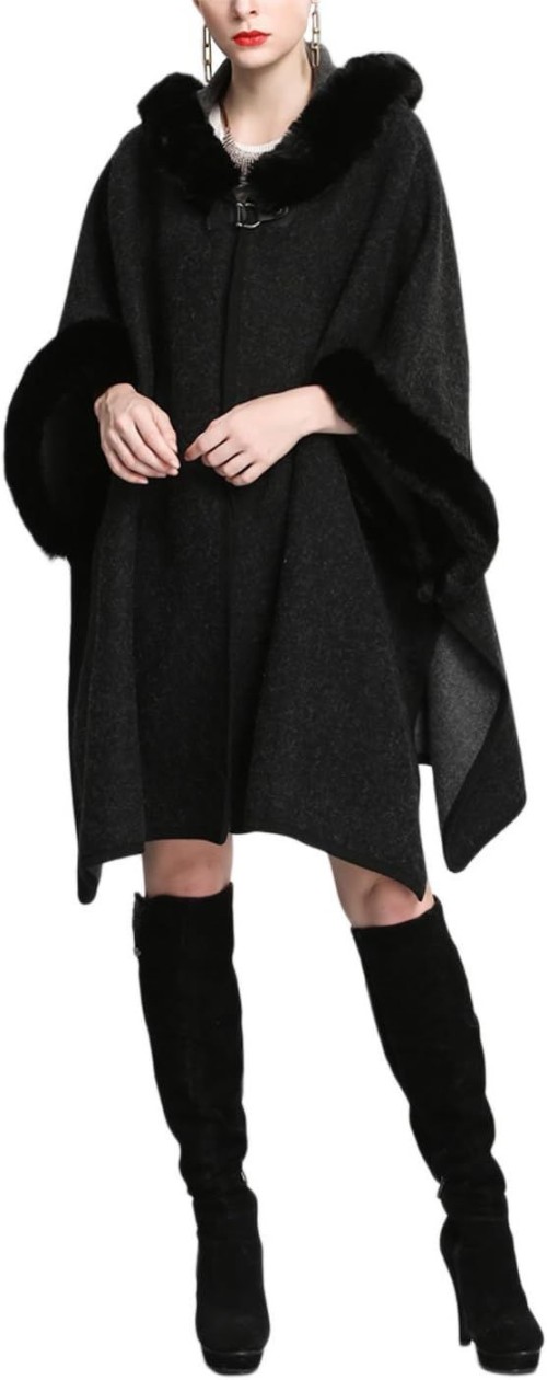 Womens Luxury Batwing Sleeve Faux Fur Hooded Cloak Poncho Sweater Cape